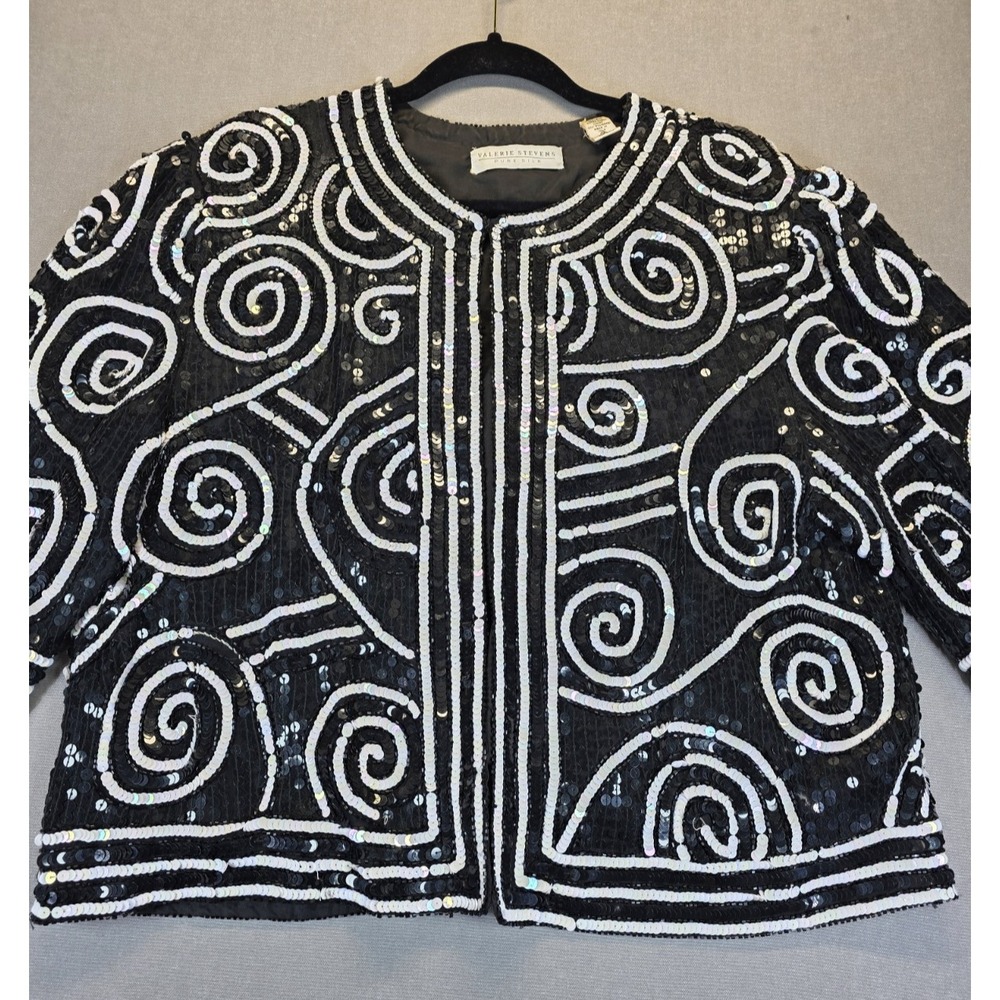 Valerie Stevens Pure Silk Jacket 14 Sequin‎ Open Front Abstract Artsy NYE Date